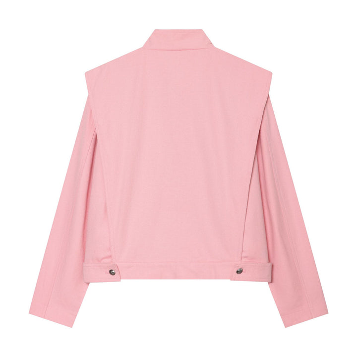 Damen kurz geschnittene Stehkragen‑Jacke mit asymmetrischer Druckknopfblende und Cape‑Schulter – Célinea