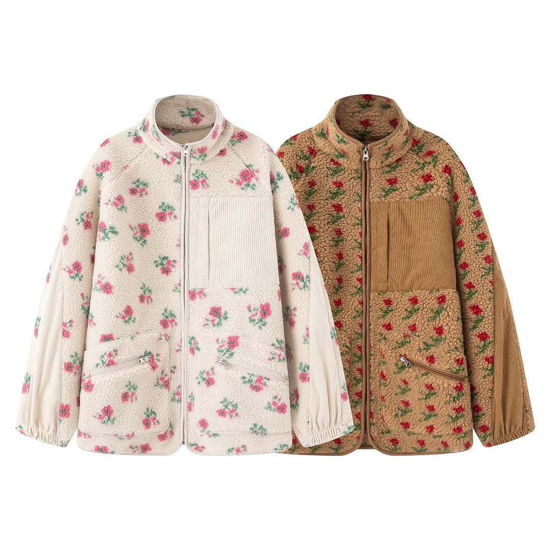 Damen nan Teddy-Fleece Jacke mit floralem Muster, Feincord-Einsätzen, Stehkragen und Reißverschluss Echo Archiv