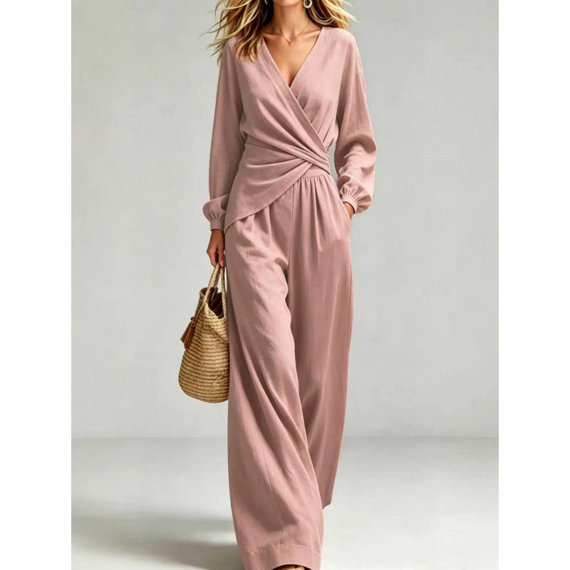 Damen Wickel-Jumpsuit mit weitem Bein und V-Ausschnitt Echoarchiv