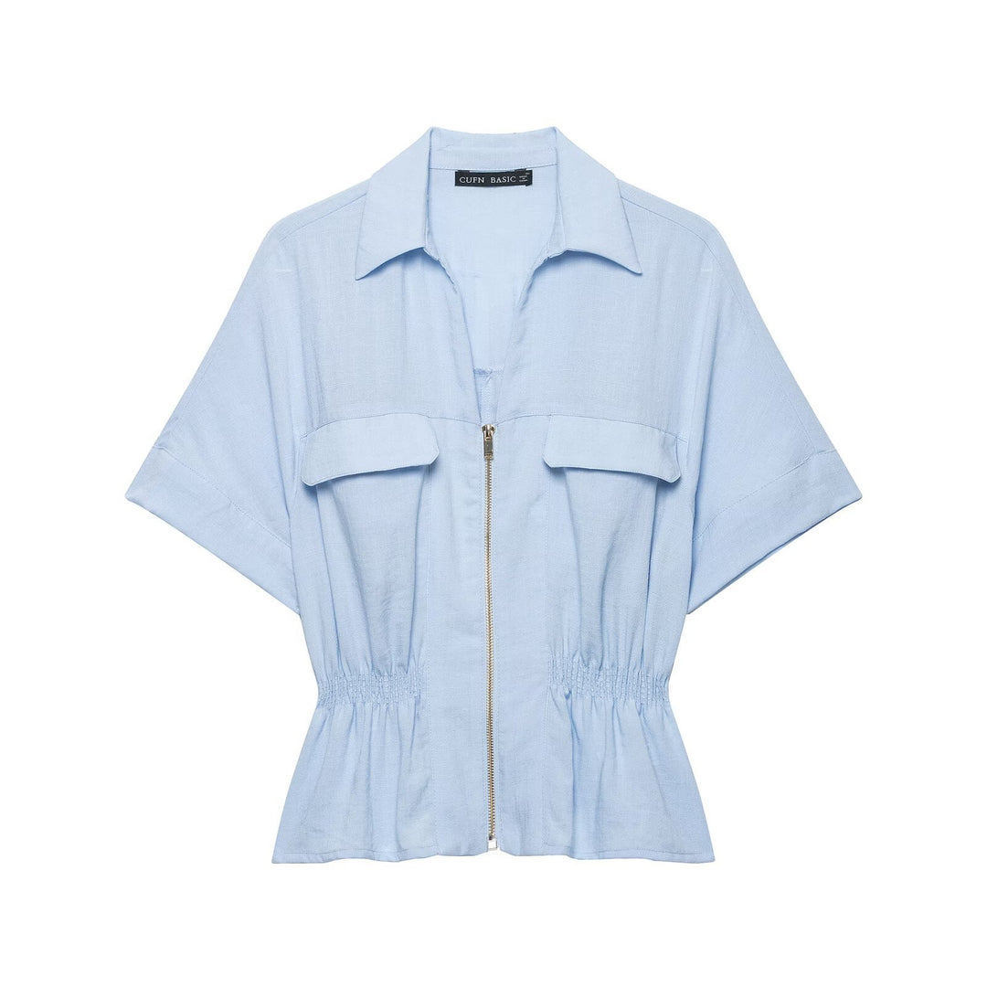 Damen Kurzärmelige Taillierte Blusenjacke mit Reißverschluss und Brustklappen Echo Archiv