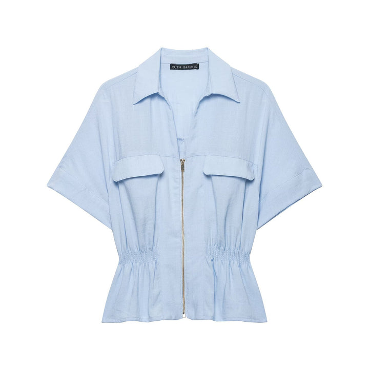 Damen Kurzärmelige Taillierte Blusenjacke mit Reißverschluss und Brustklappen Echo Archiv
