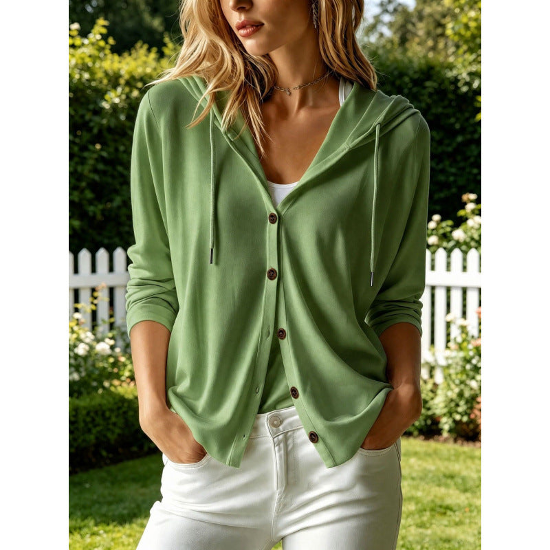 Damen Leichter Kapuzen-Cardigan mit Knopfleiste und Relaxed Fit Echoarchiv