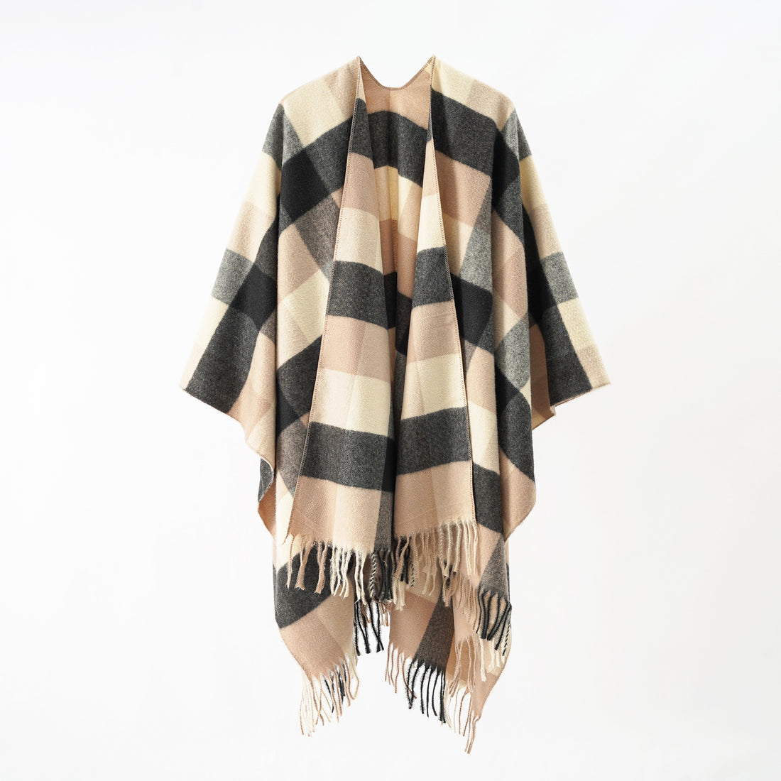 Damen Oversize-Wrapponcho aus Wollmix mit grafischem Rautenmuster und Fransensaum – Célinea