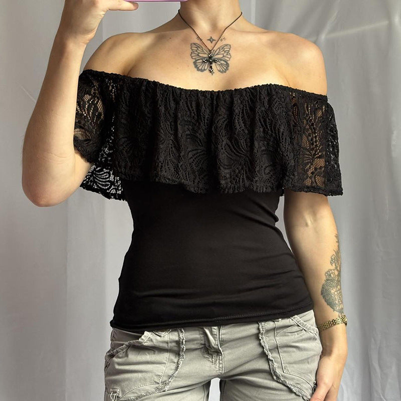 Damen Off-Shoulder Oberteil mit Rüschendetails und eleganten Spitzenakzenten Echo Archiv