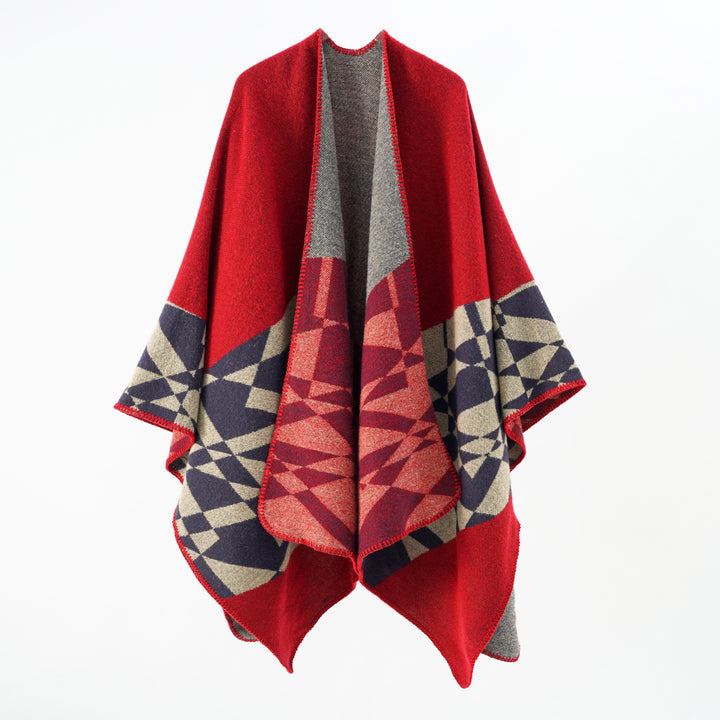 Damen Großer Strickponcho im Cape‑Schnitt mit Ziernaht und geometrischem Intarsia – Veloura
