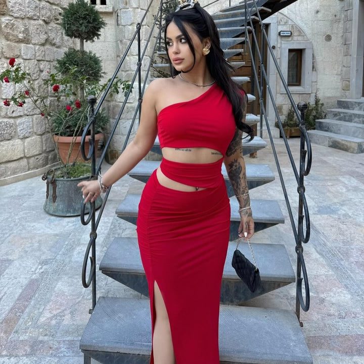 Damen asymmetrisches Maxikleid mit Rüschen und hohem Seitenschlitz Echo Archiv