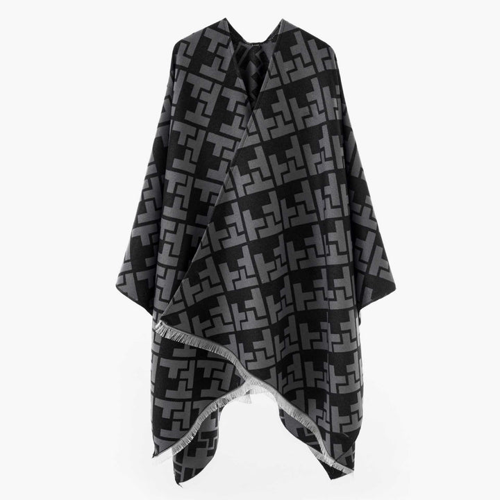 Damen Oversize-Cape mit geometrischem Jacquard und Fransensaum – Avérine