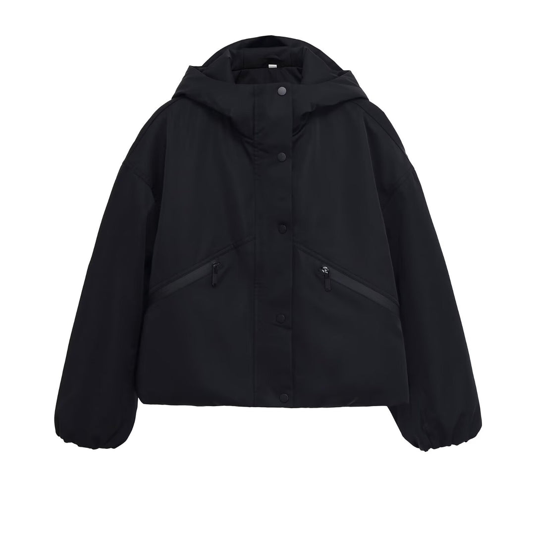 Damen Kurze boxy Funktionsjacke mit Kapuze, wattierter Isolierung und diagonalen Reißverschlusstaschen Echoarchiv