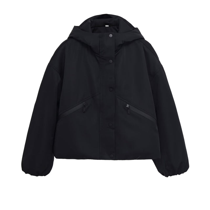 Damen Kurze boxy Funktionsjacke mit Kapuze, wattierter Isolierung und diagonalen Reißverschlusstaschen Echoarchiv