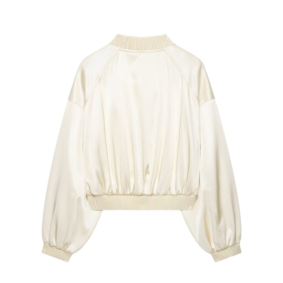 Damen Kurzer Satin-Bomber mit Oversize-Ballonärmeln und Rippkragen Echo Archiv
