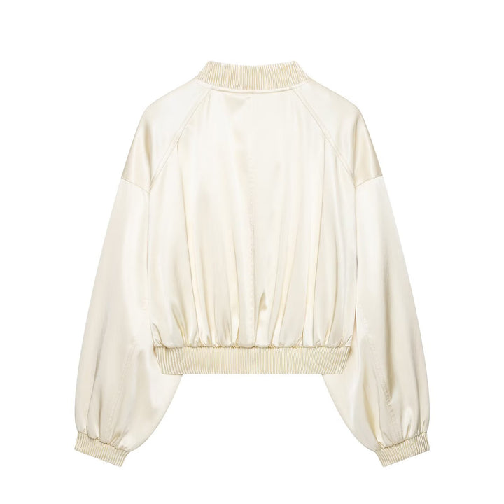 Damen Kurzer Satin-Bomber mit Oversize-Ballonärmeln und Rippkragen Echo Archiv