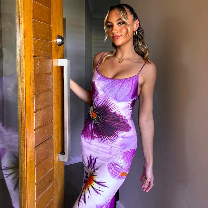 Damen trendiges Maxi-Kleid mit floralem Muster und schmalen Spaghettiträgern Echo Archiv
