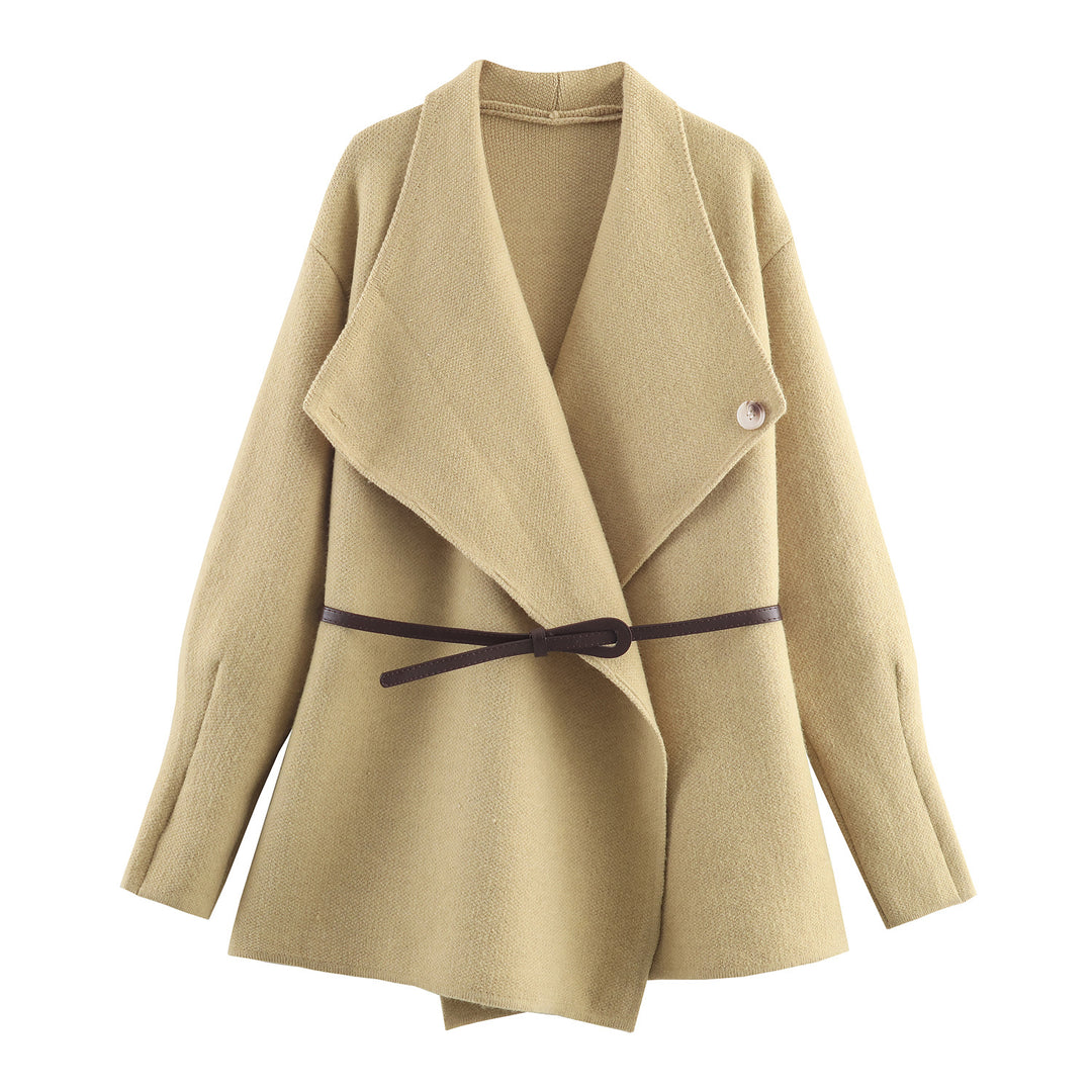 Damen Kurzgeschnittener Wollmix-Cardigan-Mantel mit weitem Schalkragen und schmalem Bindegürtel Echoarchiv