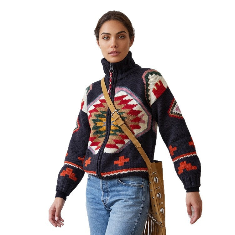 Damen Jacquard-Strickjacke mit Navajo‑Muster, Reißverschluss und hohem Kragen Echoarchiv