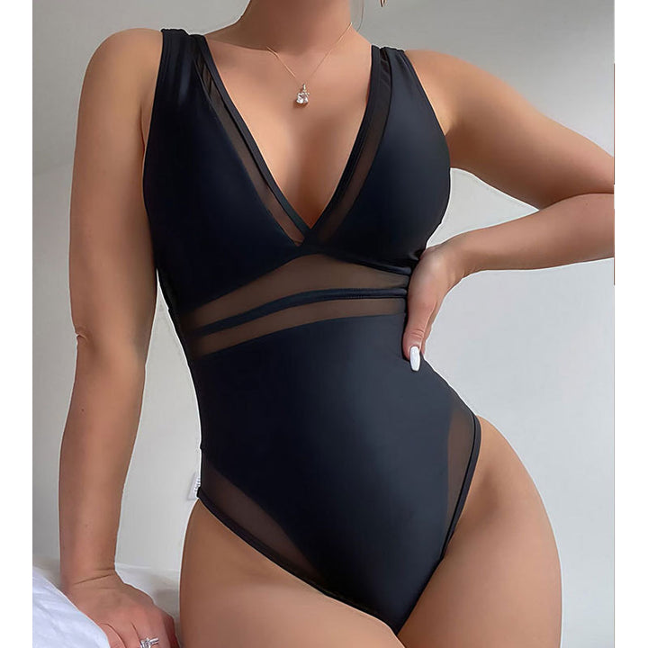 Damen Eleganter Einteiler Badeanzug mit tiefem V-Ausschnitt und transparenten Einsätzen Echo Archiv