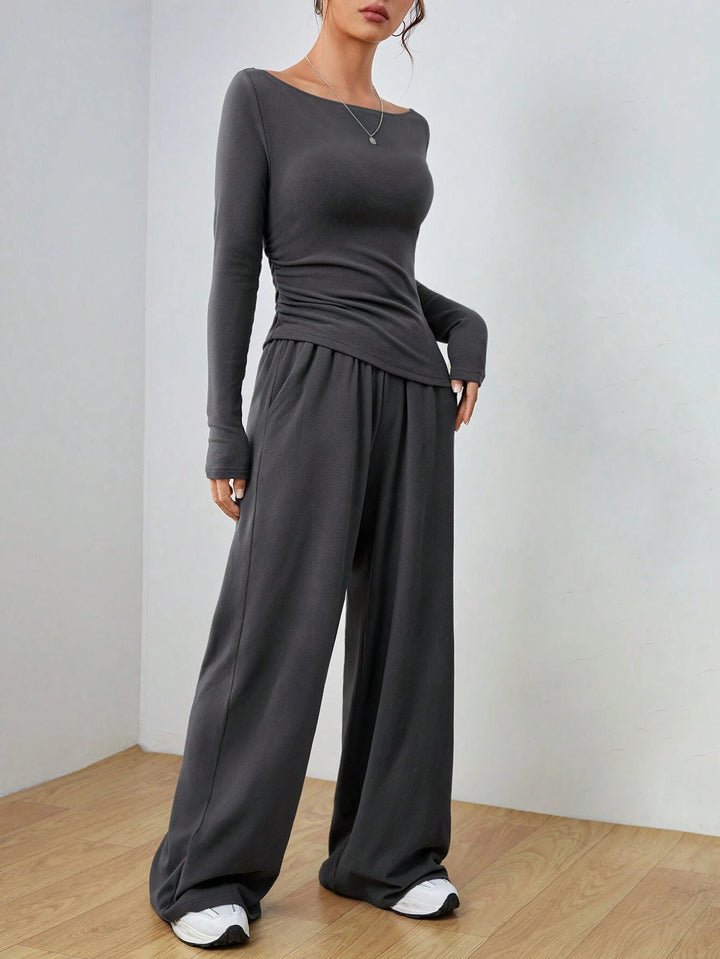 Damen Lässiges Two‑Piece Lounge‑Set mit U‑Boot‑Ausschnitt, taillierter Drapierung und weitem Palazzohose Echo Archiv