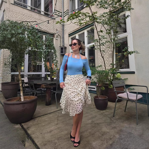 Damen Gepunkteter Chiffon-Volant‑Midirock mit Wickeloptik und asymmetrischem Saum Echoarchiv