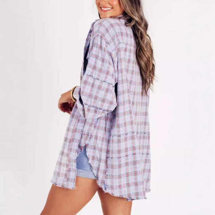 Damen nan oversized Karo-Überhemd mit Fransenbesatz, Brusttaschen und lockerer Passform Echo Archiv