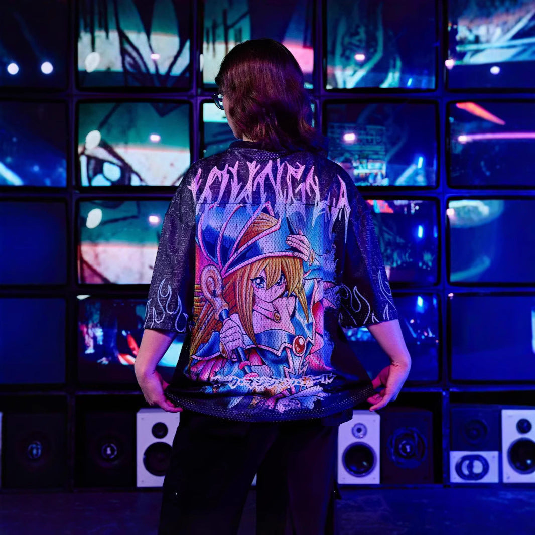 Unisex nan atmungsaktives Netz-Jersey mit großflächigem Anime-Print und V-Ausschnitt Echo Archiv