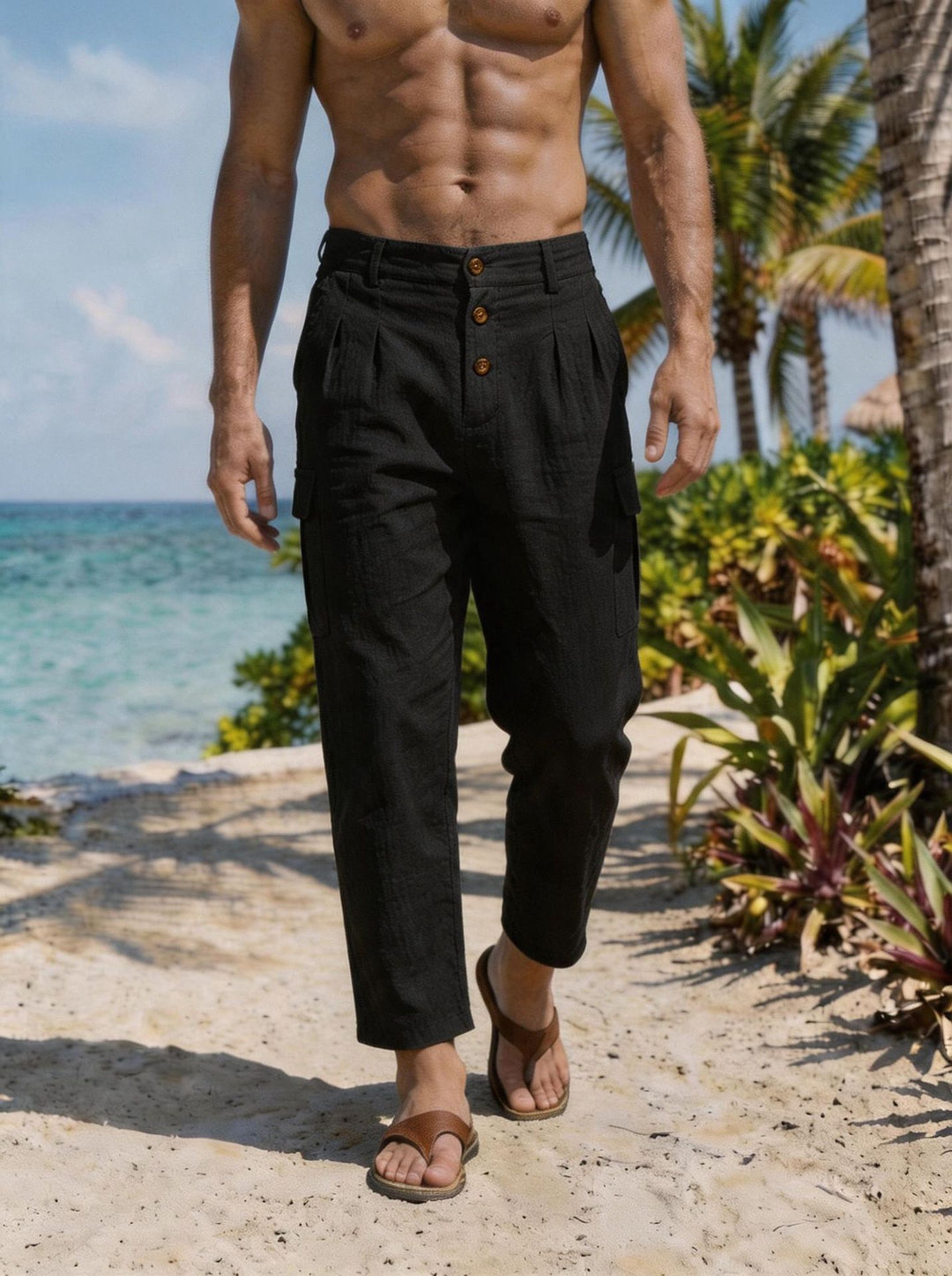 Herren Bundfalten-Cargohose mit Knopfverschluss, aufgesetzten Cargotaschen und gekürztem Bein – Bravaro