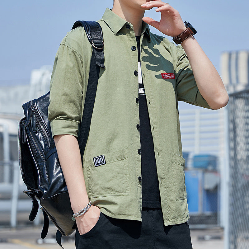 Herren Overshirt‑Hemdjacke im leichten Canvas‑Look mit aufgesetzten Fronttaschen und verkürzten Ärmeln Echoarchiv