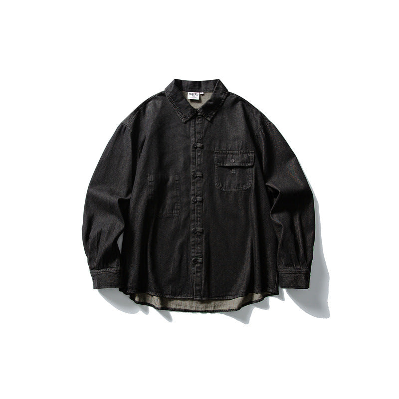 Herren Oversized Denim‑Hemdjacke mit traditionellen Knotenknöpfen Echoarchiv