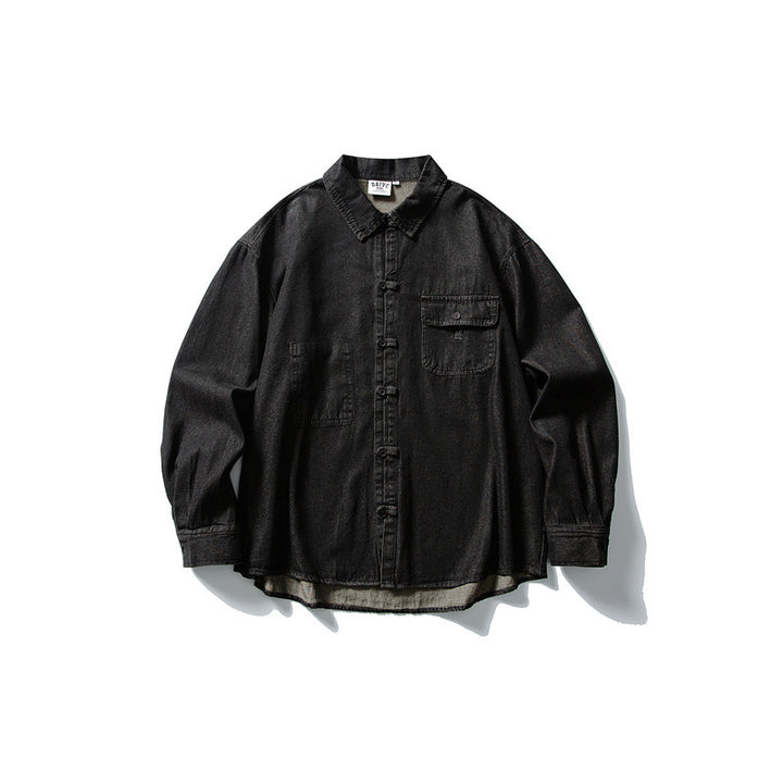Herren Oversized Denim‑Hemdjacke mit traditionellen Knotenknöpfen Echoarchiv