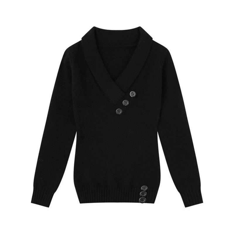Damen Feinstrick-Pullover mit Schalkragen, V-Ausschnitt und Zierknöpfen Echoarchiv