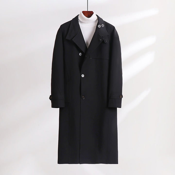Herren Langgeschnittener Minimalistischer Trenchcoat mit Schalkragen und verstellbaren Ärmelriemen Echoarchiv