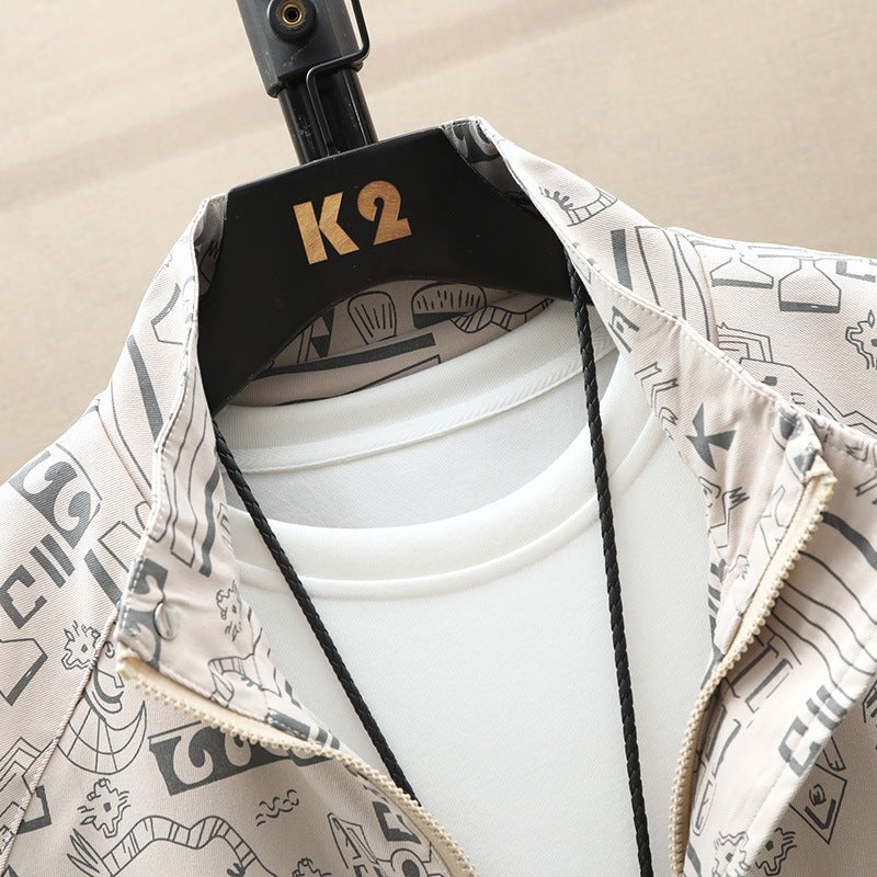 Herren leichte Overshirt-Utility-Jacke mit Allover-Print, Stehkragen & verdecktem Reißverschluss Echoarchiv
