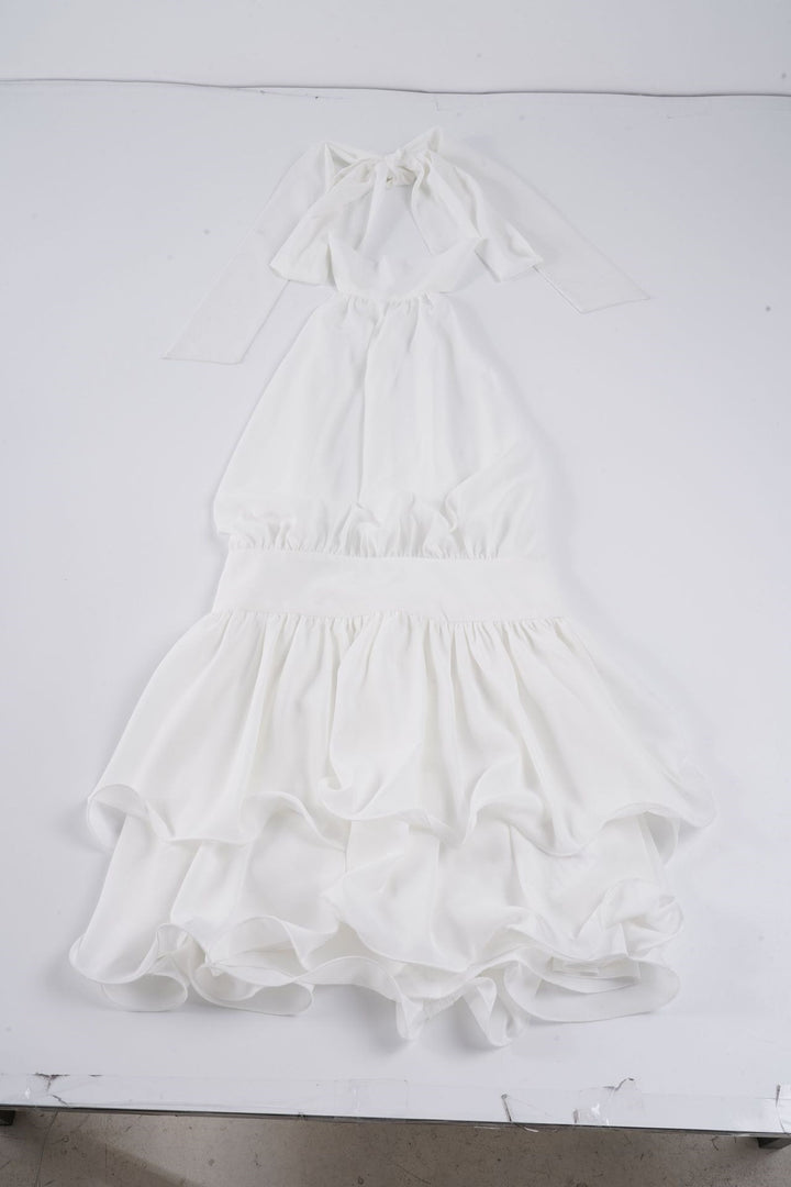 Damen Elegantes Maxikleid mit schwingendem Rüschensaum und tiefem V-Ausschnitt Echo Archiv