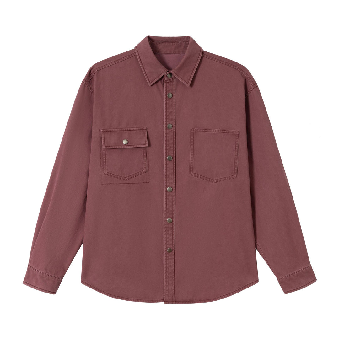 Damen Oversize Hemdjacke im Shacket‑Stil aus gewaschenem Baumwolltwill mit Druckknopfverschluss Echoarchiv