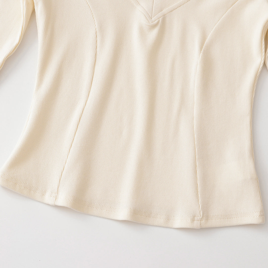 Damen Geripptes Langarmshirt mit V-Ausschnitt und taillierter Schnittführung Echoarchiv