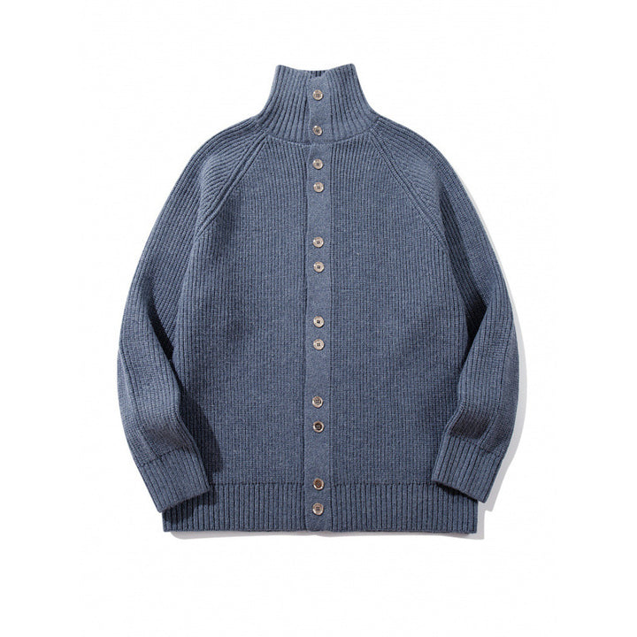 Herren grobgestrickter Knopfcardigan mit hohem Rollkragen und Raglanärmeln Echo Archiv