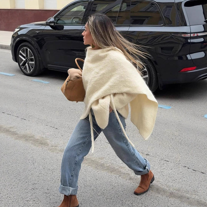 Damen Oversize Wollmix-Poncho mit asymmetrischem Fall und Bindebändern Echoarchiv