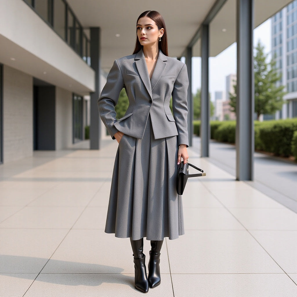Damen Elegantes Wollmix-Kostüm mit tailliertem Kurzblazer und ausgestelltem Midirock Echo Archiv