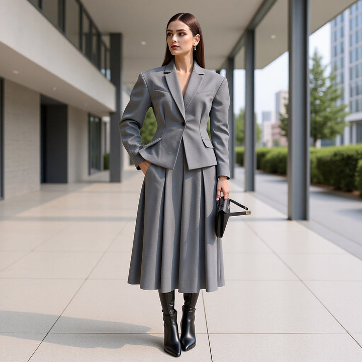 Damen Elegantes Wollmix-Kostüm mit tailliertem Kurzblazer und ausgestelltem Midirock Echo Archiv