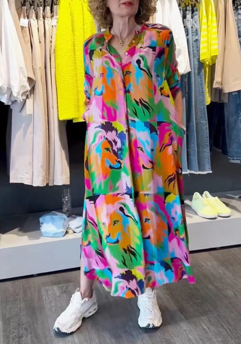 Damen nan Hemdblusen-Maxikleid mit Pop‑Art-Löwenprint, Knopfleiste und Eingrifftaschen Echo Archiv