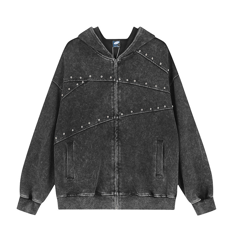 Damen Kapuzen‑Sweatjacke im Oversize‑Used‑Look mit Nietverzierung und durchgehendem Reißverschluss Echoarchiv