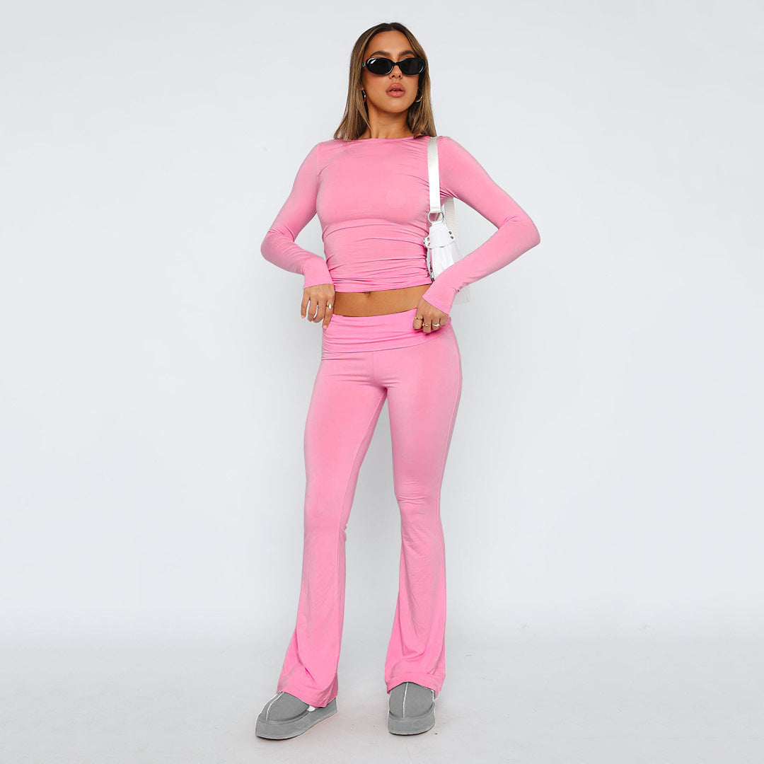 Damen Stretch Lounge Set mit kurzärmligem Oberteil und weit geschnittenen High-Waist-Hosen – Élanora