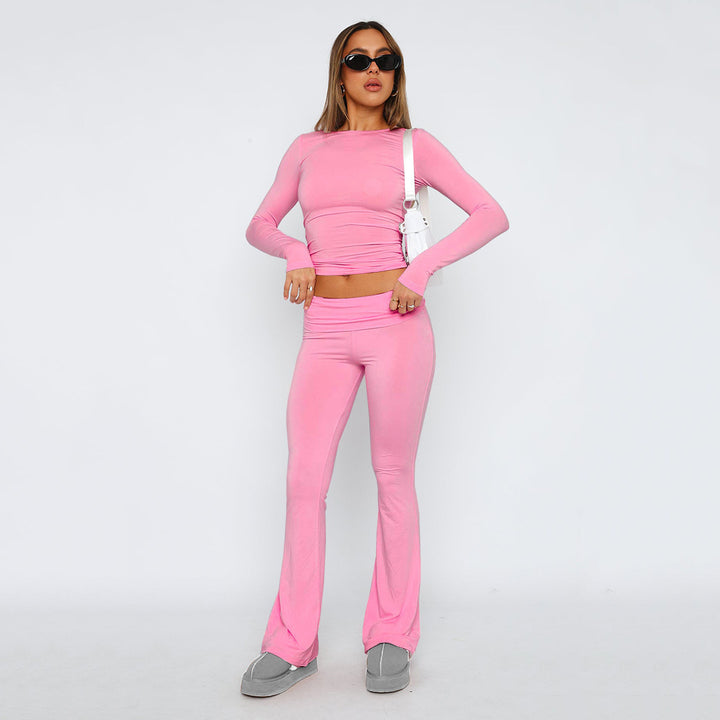 Damen Stretch Lounge Set mit kurzärmligem Oberteil und weit geschnittenen High-Waist-Hosen – Élanora