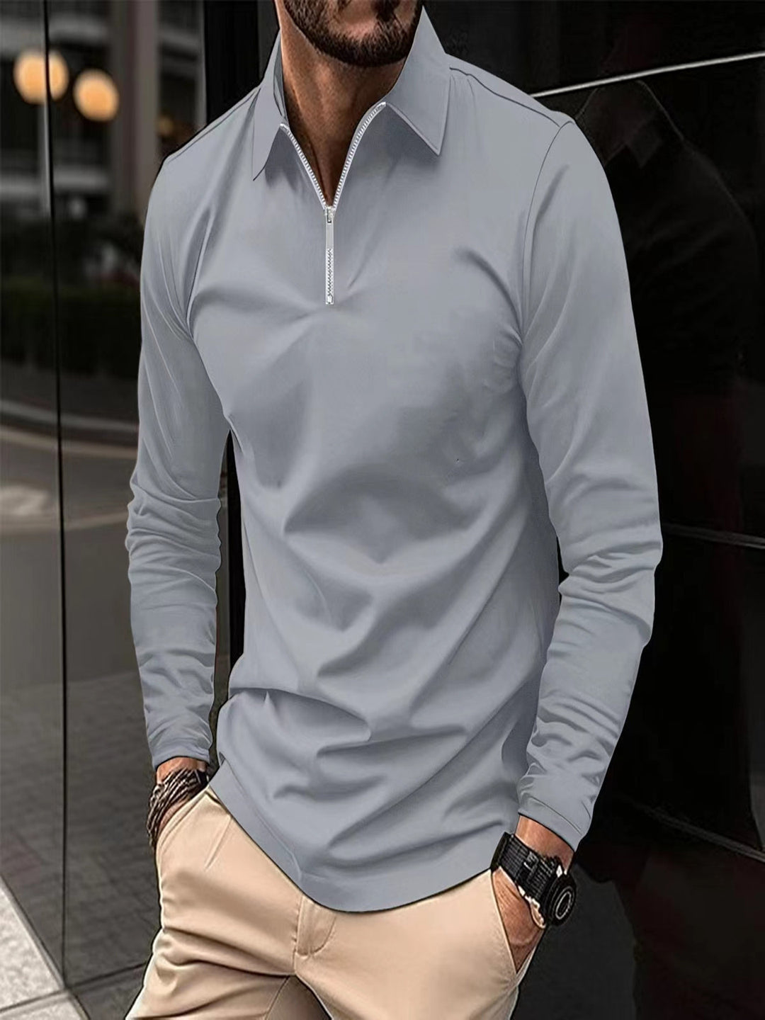 Herren Langarmshirt mit Reißverschluss und modernem Kragen Echoarchiv