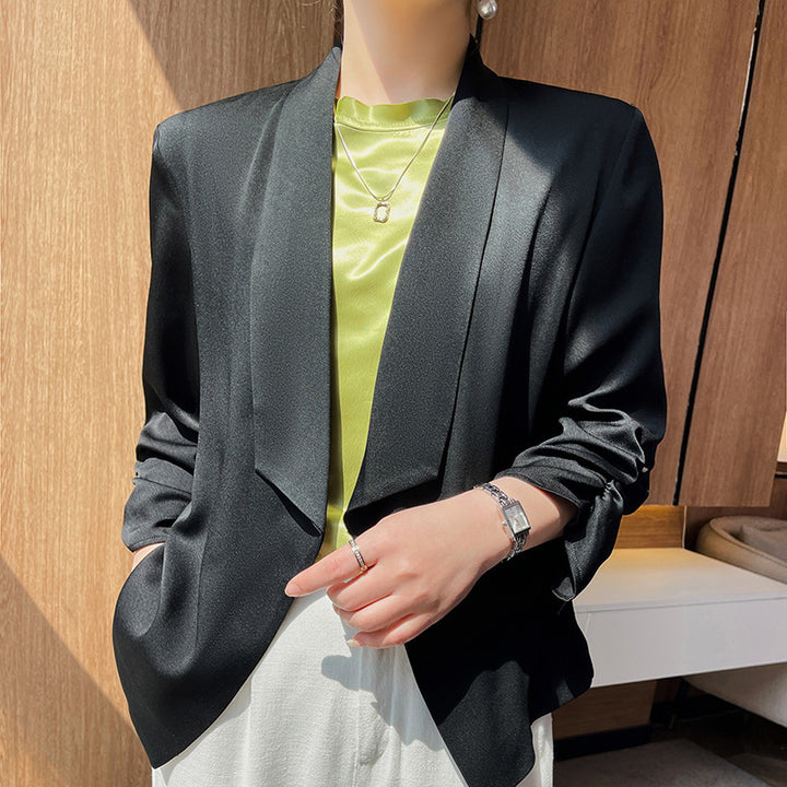 Damen Schalkragen-Blazer mit Satinbesatz, offener Front und legerer Kurzform Echoarchiv