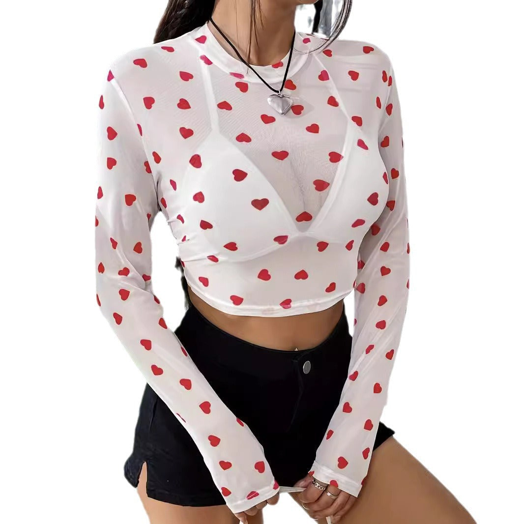 Damen Langarm-Crop-Top mit herzförmigem Design und transparentem Stoff Echoarchiv