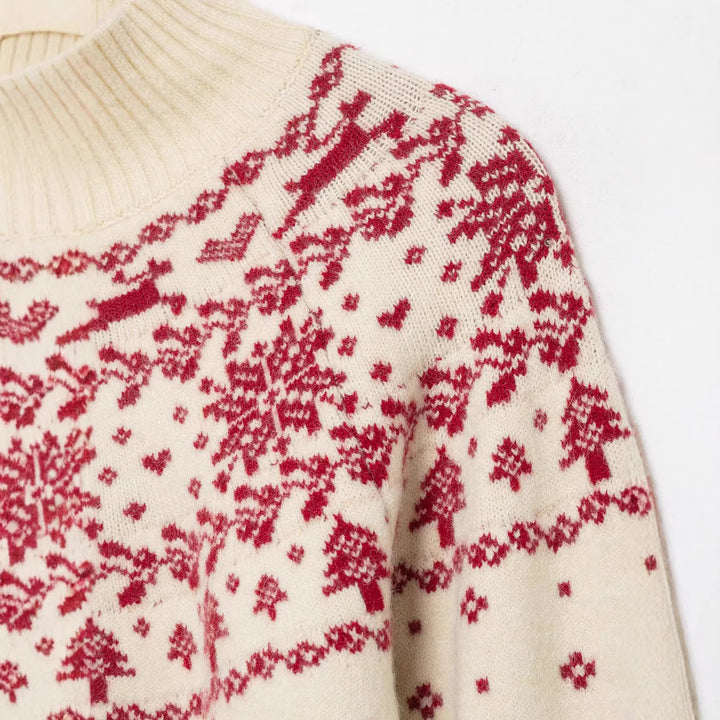 Damen kurzer Norwegerstrickpullover mit hohem Rippkragen und Rentiermotiv Echoarchiv