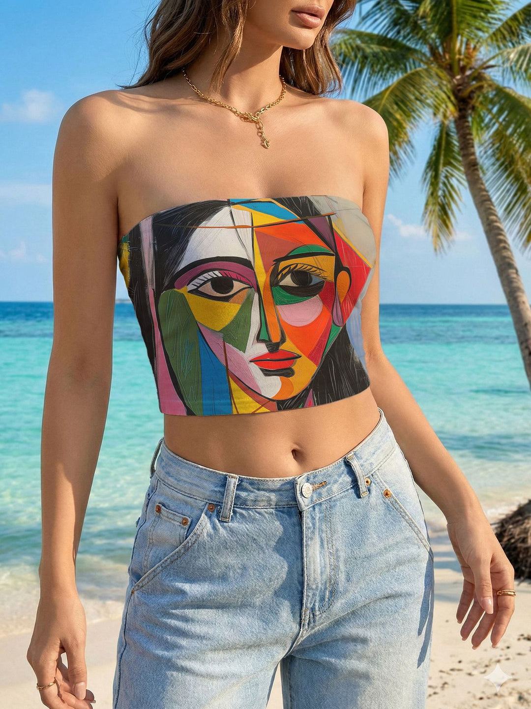 Damen Bandeau-Top mit floralem Vogelmotiv und elastischer Passform Echo Archiv