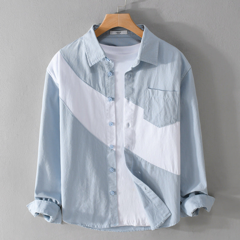 Herren Baumwoll-Overshirt mit diagonalem Colorblock, Kentkragen und Brusttasche Echoarchiv