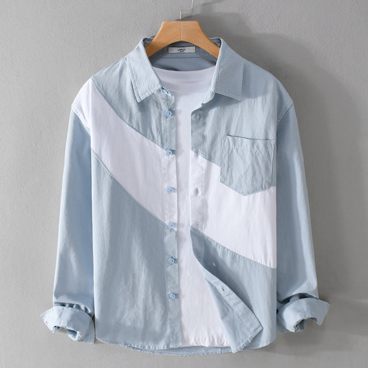 Herren Baumwoll-Overshirt mit diagonalem Colorblock, Kentkragen und Brusttasche Echoarchiv