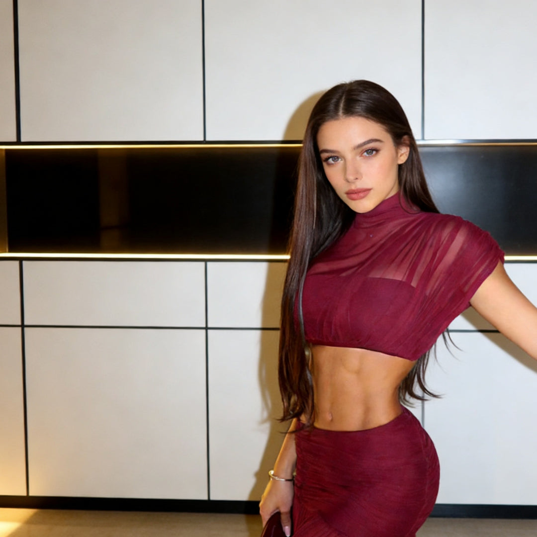 Damen Kurzärmliges Crop-Top mit gerafftem Design und elegantem Stehkragen Echo Archiv