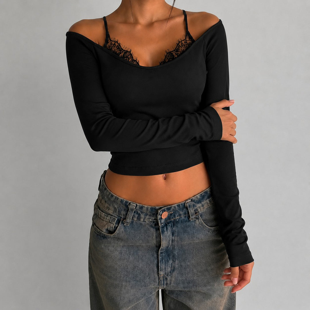 Damen Schulterfreies Langarm-Cami mit zarter Spitzen-Innenschicht und verstellbaren Spaghettiträgern – Avérine